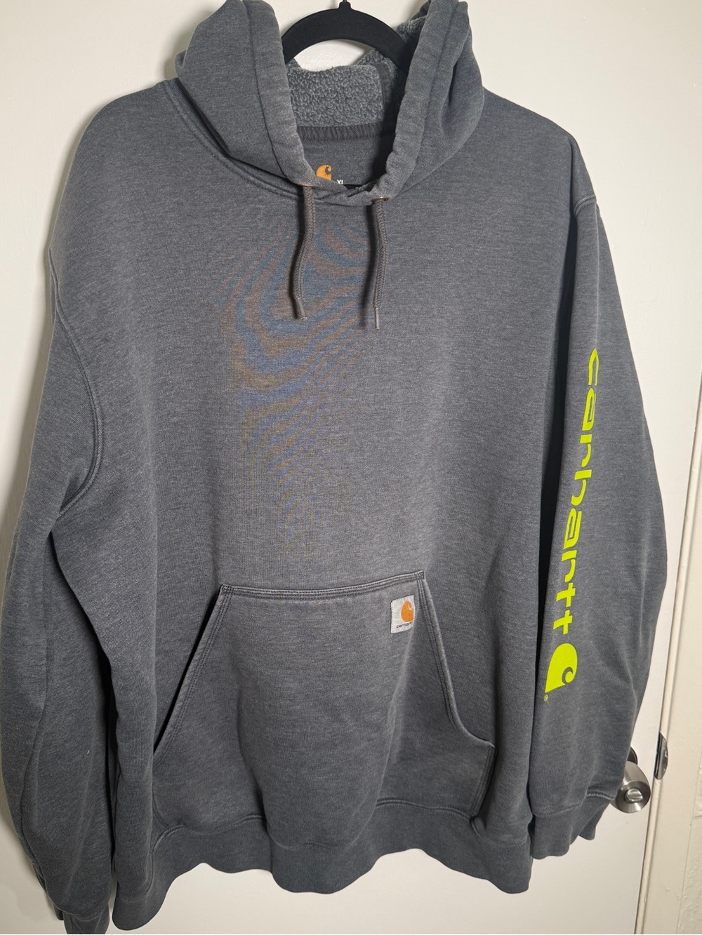 Carhartt Men's Gray Hooded Sweatshirt with Neon Sleeve Logo XL